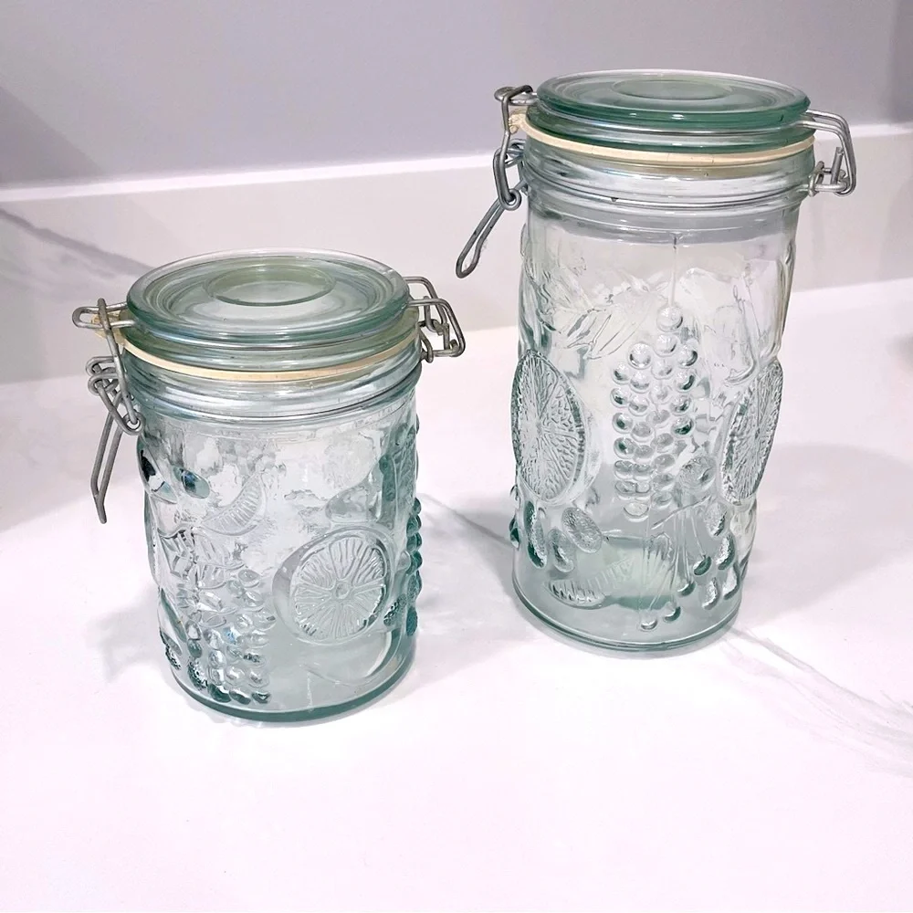 Vintage Embossed Fuit Pattern Glass Canister Set with Wire Bale Hinges, Set of 2